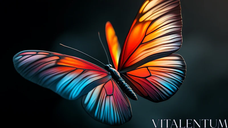 Luminous cyber-butterfly drifts through neon-tinted twilight