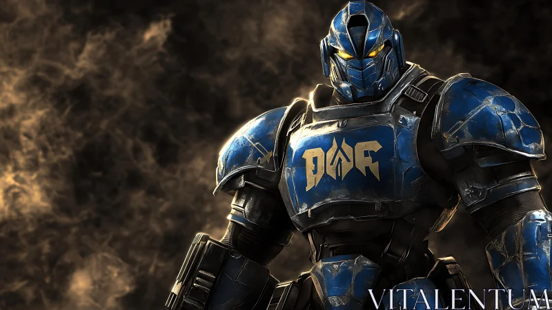 Armored blue mech warrior stands ready in smoky battlefield