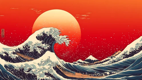 Crashing wave silhouettes a blazing red setting sun.