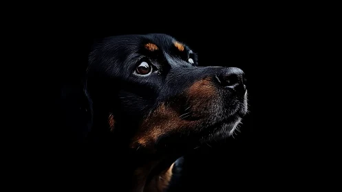 Gentle dog portrait glowing softly against night blackness.
