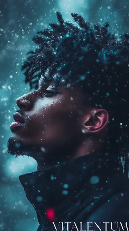 Side profile portrait in blue snowfall with soft focus.