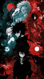 Dark anime warriors stand between crimson rage and teal chaos