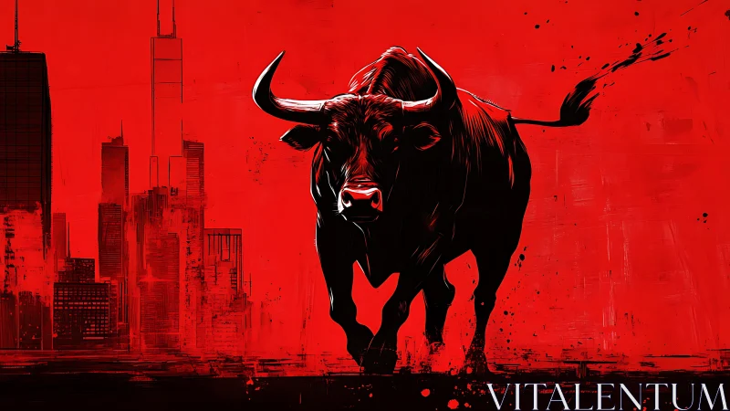 Dynamic bull silhouette against angular red city backdrop.