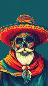 Vibrant sugar skull cowboy wrapped in festive desert colors.