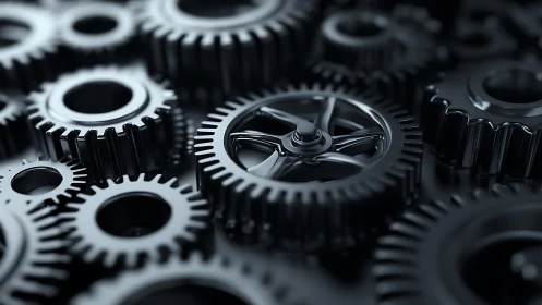 Black metal gears interlock in a tightly packed arrangement.