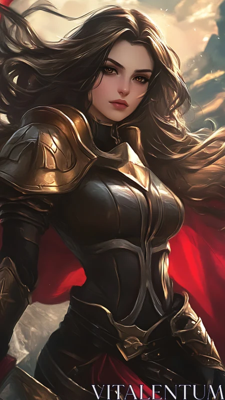Armored warrior heroine in ornate plate armor under dynamic lighting
