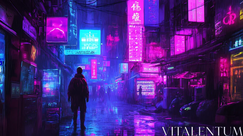 Neon-soaked alleyway with lone figure in cyberpunk rain.