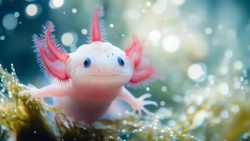 Bubble-kissed axolotl drifts through dreamy underwater starlight.