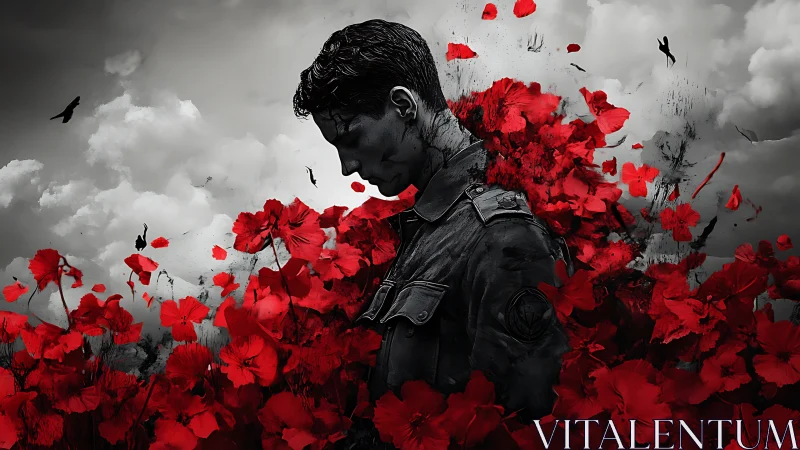 Soldier in red poppy storm reflects on war and memory.