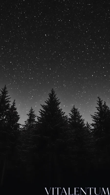 Star-dense nocturnal sky arches above silhouetted conifer forest