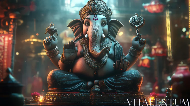 Radiant Ganesha idol glows in a richly lit temple interior