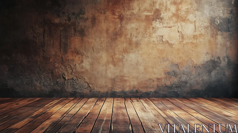 Sunlit rustic room with worn wall and warm wood floor.