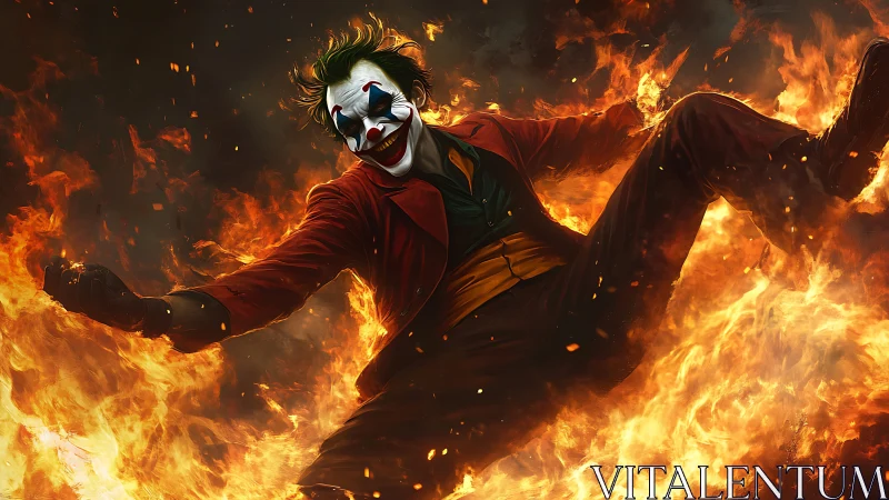 Flaming jester dances wildly through swirling firestorm.