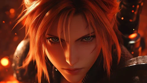 Intense anime warrior portrait with fiery orange lighting.