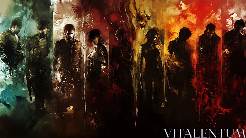 Heroic silhouettes stride through elemental colors of chaos.