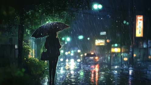 Quiet city evening sparkles as one umbrella waits in rain