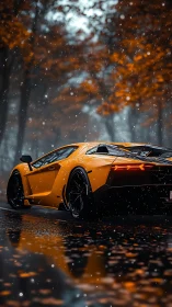 Golden supercar idling softly in a calm autumn snowfall.