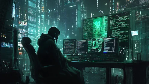 Hacker at multi-monitor workstation in neon cyberpunk city.
