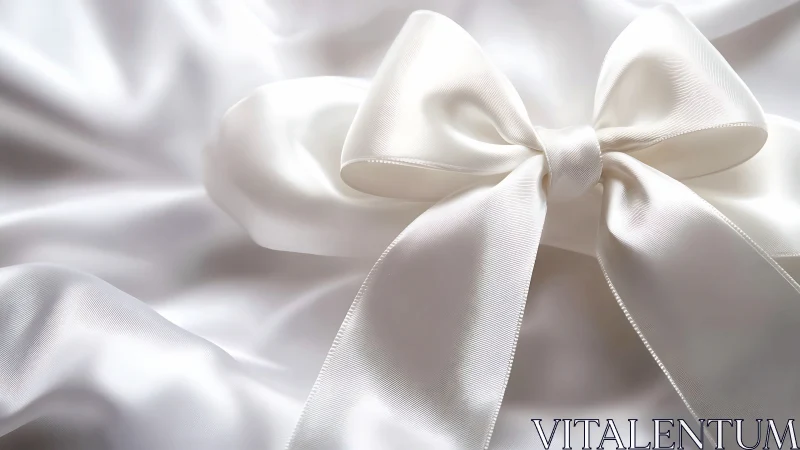 White satin ribbon bow lies on smooth reflective fabric