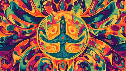 Psychedelic solar mandala with swirling tricolor symmetry.