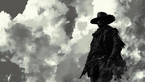 Lone gunslinger dominates stormy monochrome sky. Period.