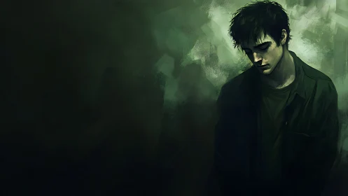 Brooding male portrait in desaturated green digital painting.