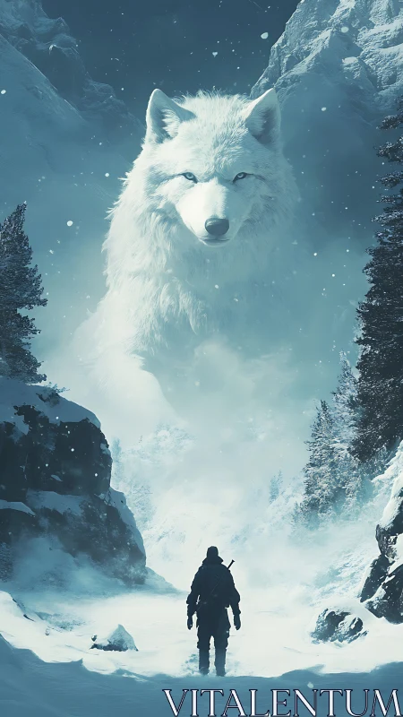Digital painting of lone wanderer beneath spectral white wolf.