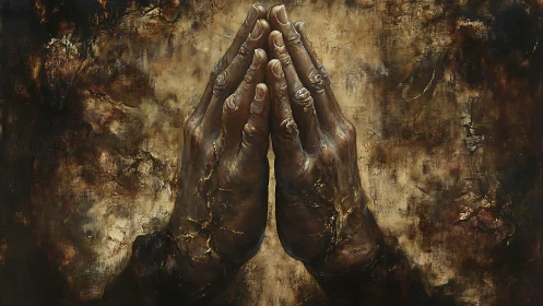 Weathered hands press together in solemn layered prayer