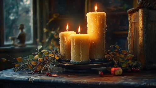 Three burning pillar candles illuminate rustic wooden table