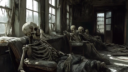 Decayed skeletons in abandoned waiting room, high-detail render