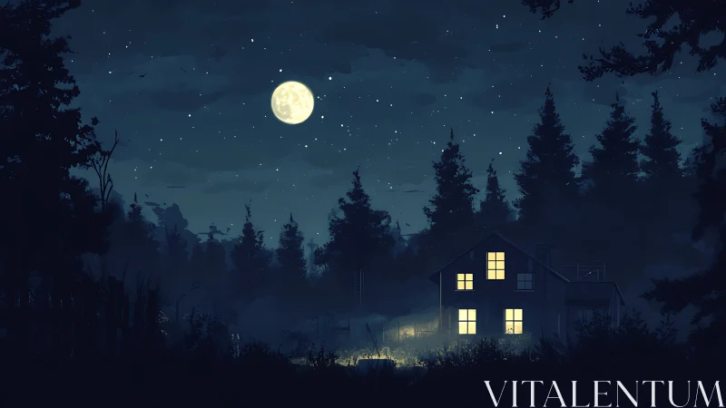 Moonlit forest house is rendered with illuminated windows