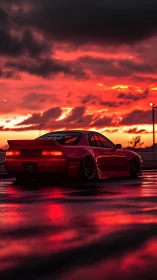 Sunset street racer resting under glowing red skies.