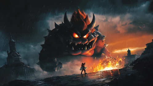 Volcanic showdown with colossal fiery monster in storm.
