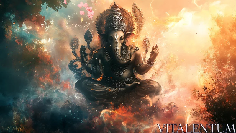 Radiant Ganesha statue emerges in swirling cosmic light