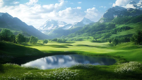 Mountain valley golf landscape with pond and snow peaks.