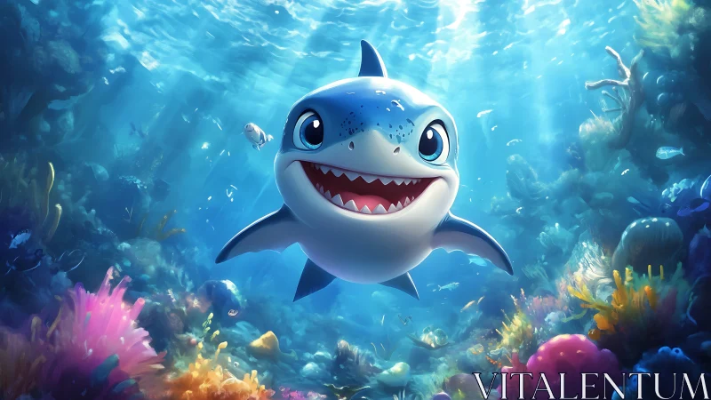 Smiling cartoon baby shark in luminous coral reef seascape