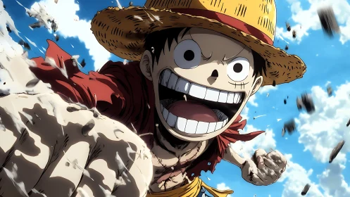 Dynamic straw-hat fighter lunging forward against blue sky