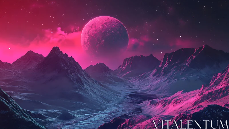 Neon magenta alien valley under luminous crescent planet.