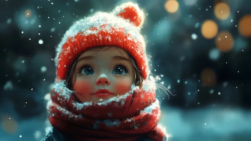 Winter portrait of child in red knit hat amid falling snow.