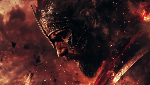 Warrior in embers, brooding profile amid burning dusk.