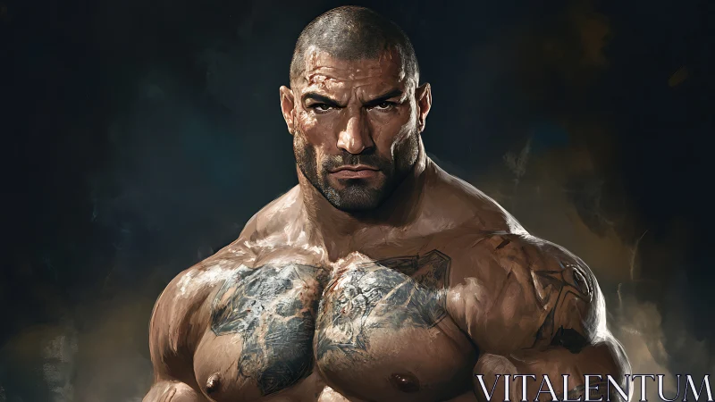 Digital painting portrait of muscular tattooed warrior figure.