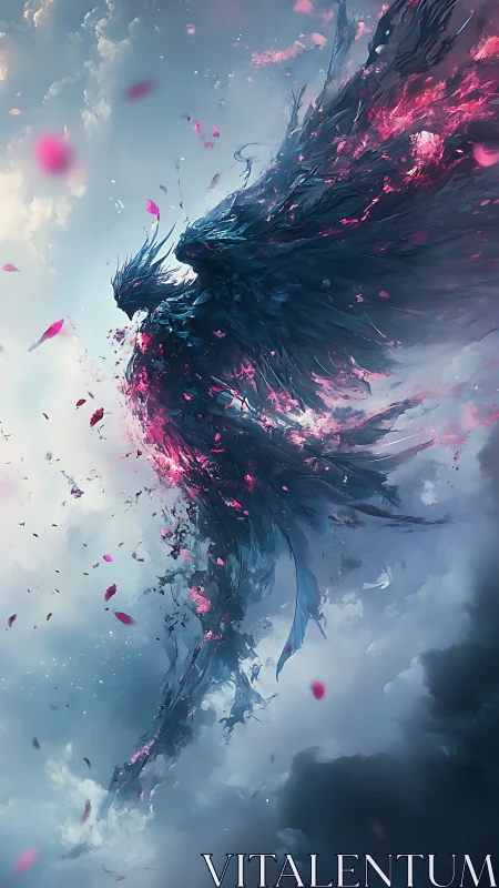 Celestial phoenix rising in a storm of violet petals.