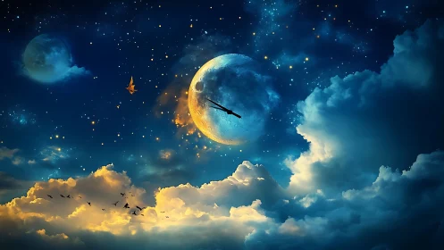 Moonlit sky of drifting dreams and quiet impossible flight.