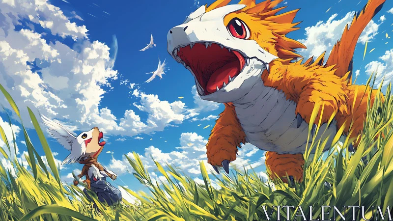 Orange dragon creature chasing child in sunny grass field.