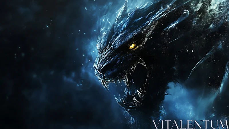 Cryogenic dragon profile with luminescent ocular highlight.