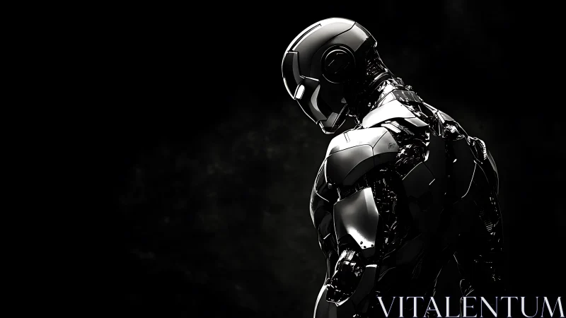 3D chrome exosuit android in chiaroscuro side profile study.