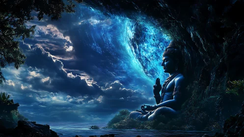 Celestial blue deity meditating beneath swirling cosmic sea.