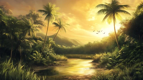 Tropical river bend at golden hour with silhouetted palm canopy