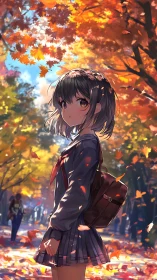 Anime schoolgirl under autumn canopy with cinematic lighting.