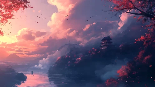 Digital landscape shows riverside cliffs and tiered hilltop temple